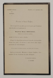 Monsieur Henri Conscience, membre de la classe des lettres, décédé le 10 de ce mois à Ixelles